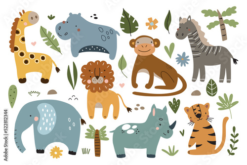 Cute wild safari african animals. Including lion, tiger, giraffe, elephant, monkey, zebra, rhinoceros, hippopotamus. Set of doodle characters in scandinavian style isolated on white background.