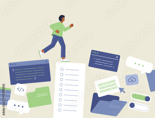 Programmer workflow concept. Developer runs and jumps on windows of working professional interface. Hard work of an IT expert. Vector illustration in flat design.