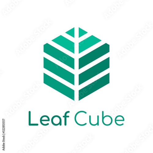 Leaf cube logo. Green leaf in a shape of a cube. Geometric box made of stripes. Environmentally building and construction industry. Sustainability. Abstract 3D box. Vector illustration, flat, clip art