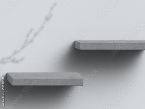 Modern empty loft room with blank concrete shelves with minimal rough surface texture and shadow of plant on back wall. Industrial interior product presentation background template. 3D illustration.