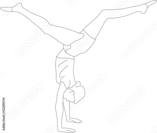 Vector line art gymnast. Sport human figure doing a headstand. 