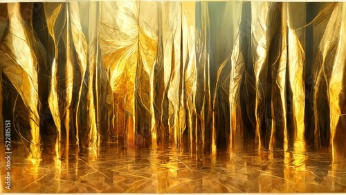 Photo abstraction with smooth lines and golden feathers turning into pillars