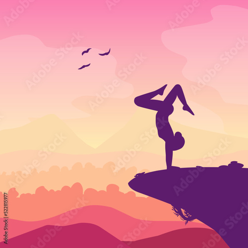 Yoga meditation, sports, gymnastics, fitness relaxation. Vector illustration of yoga poses in nature.