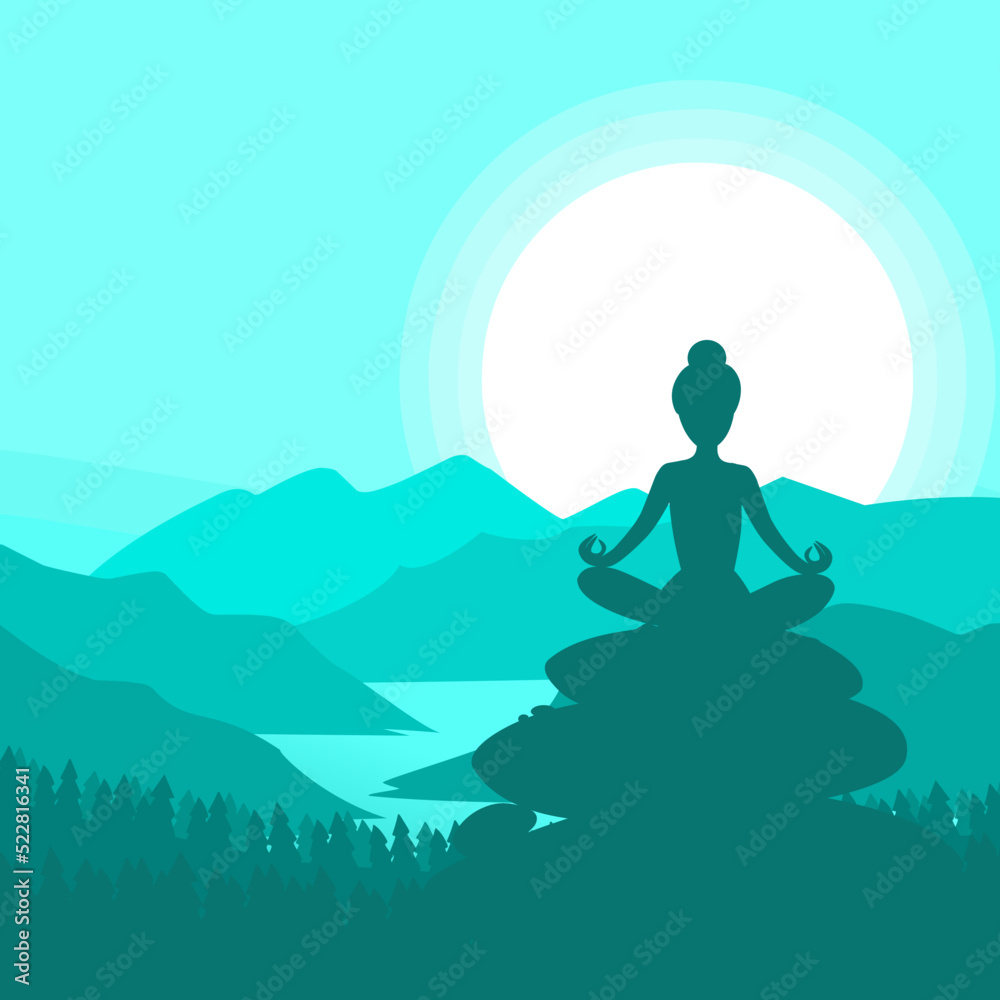 Yoga meditation, sports, gymnastics, fitness relaxation. Vector illustration of yoga poses in nature.