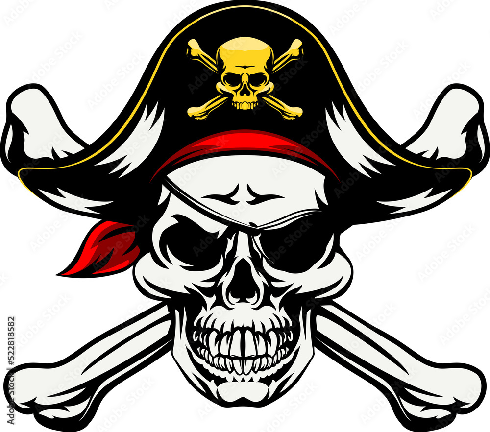 Naklejka premium A skull and crossbones dressed in pirate costume with hat and eye patch