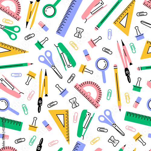 A modern seamless pattern of school supplies on a white background.