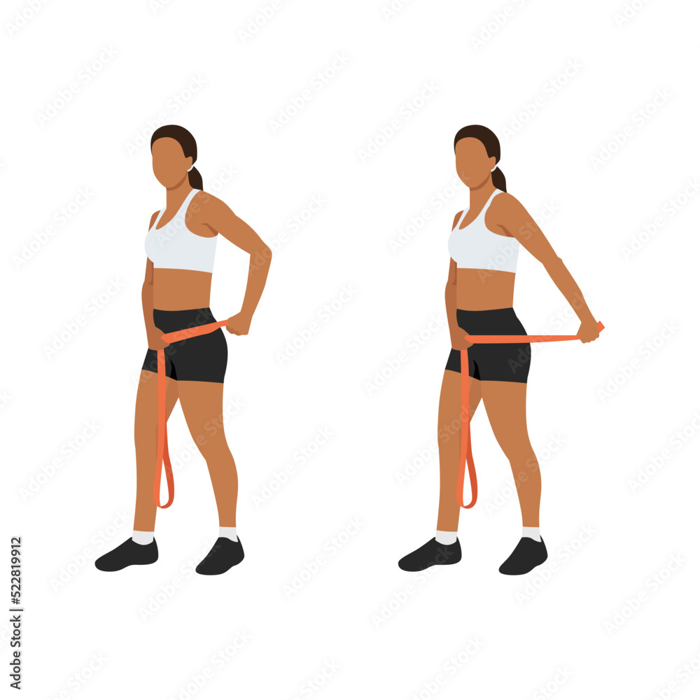 Woman doing Tricep pull with long resistance band exercise. Flat vector illustration isolated on white background Woman doing Tricep pull with long resistance band exercise. Flat vector illustration isolated on white background