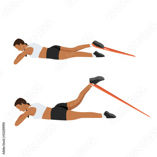 Woman doing Leg curl prone with long resistance band exercise. flat vector illustration isolated on white background