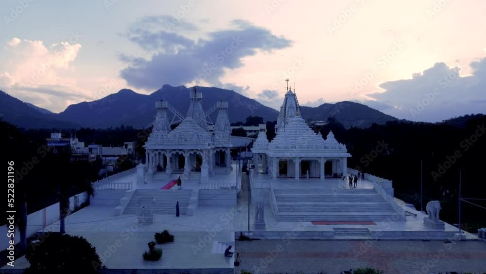 Tirupati, Sri Laxmi Narayan temple, India 4th August 2022: Aerial footage of a rare Laxmi narayan temple. Temples of India. 4k video. Hindu temples are also known as Mandir or dev stana in India.  