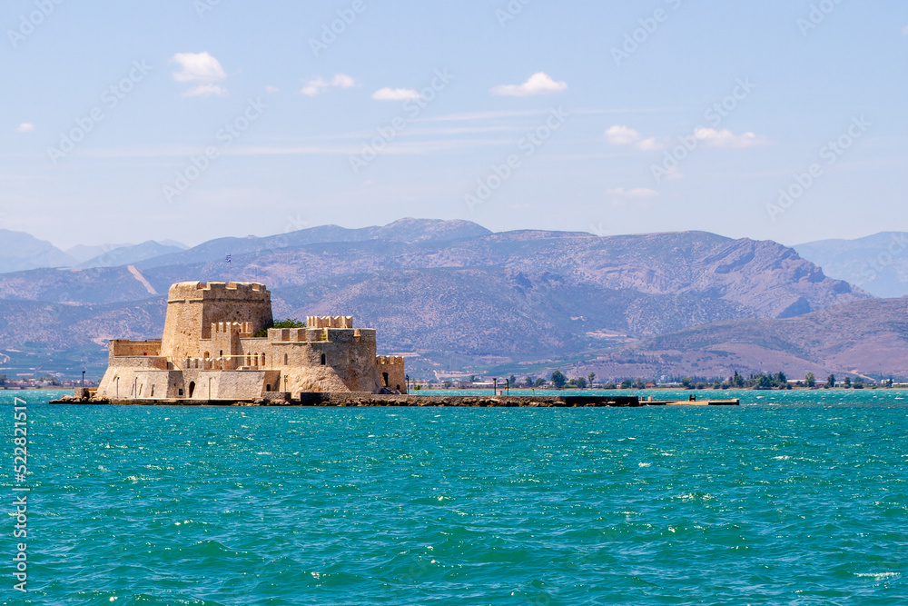 Nafplio, Greece, July 17, 2022.The Bourdzi or Bourtzi fortress. Nafplion is a Greek city in the Peloponnese.