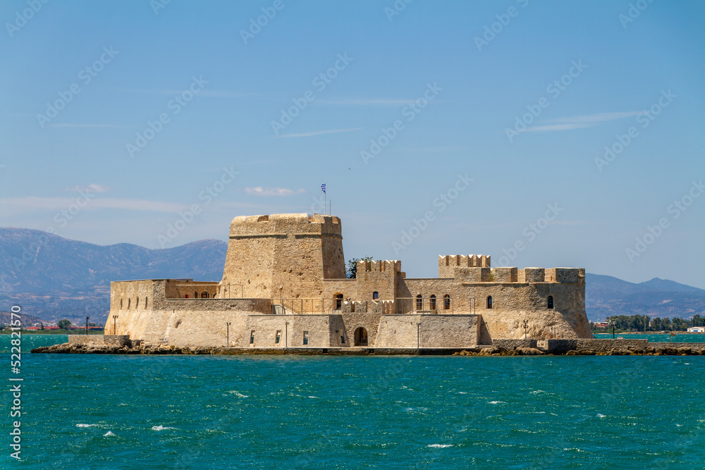 Nafplio, Greece, July 17, 2022.The Bourdzi or Bourtzi fortress. Nafplion is a Greek city in the Peloponnese.