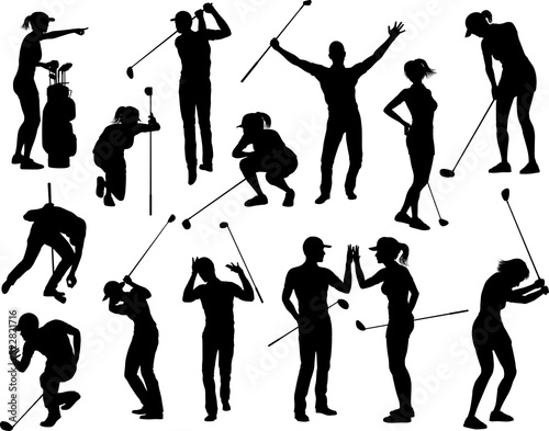 A set of golfer sports people playing golf in various poses photo