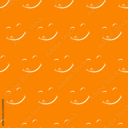 Vector emoticon licking mouth with tongue. Seamless orange pattern. A joyful, contented and well-fed full face. Yummy tasty icon. Delicious foodie yum symbol.