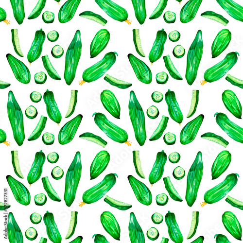 Sliced cucumber green vegetables watercolor seamless pattern
