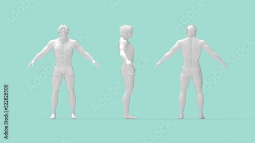 3D rendering of a sporty underwear posing masculine man human standing and posing in multiple views. COnfidence inspired healthy fitness animation render. Isolated in empty space background