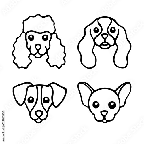 Collection of doodle dog heads. Faces of different breeds dogs set. Cavalier king charles spaniel, poodle, jack russel terrier, chihuahua. Hand drawn vector illustration isolated on white background