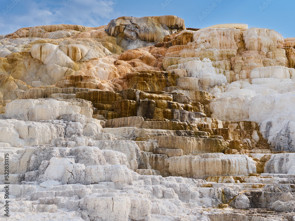 Mammoth Hot Springs, travertine terraces in Yellowstone National Park. Calcium carbonate formations. Wyoming, United States of America, USA