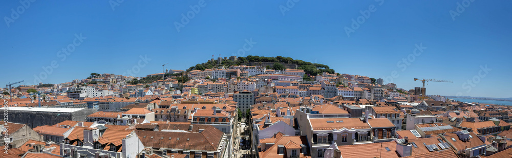 A panorama of Lisbon with Saint George's Castle from the Santa Justa Lift observation desk