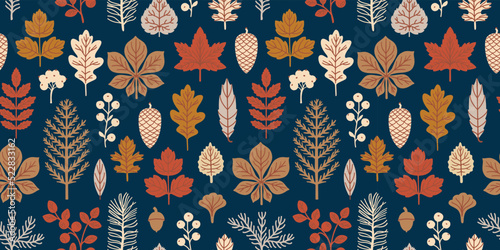Forest plants seamless vector pattern. Fall background for fabric, wrapping paper, wallpaper