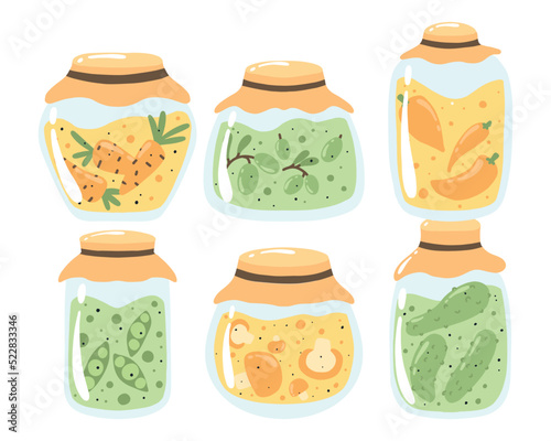 Pickles set. Homemade pickles with cucumber, olives and carrots. Home canned vegetables. Vector illustration.