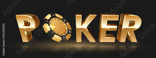 Golden logo online poker with gold and black poker chip, token, and lights, rays, glare, sparkles on black background. Concept for casino design. Vector illustration for postcard, web, advertising.