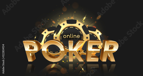 Golden logo online poker with tree gold and black poker chips, tokens, and lights, rays, glare, sparkles on black background. Concept for casino design. Vector illustration for card, advertising.