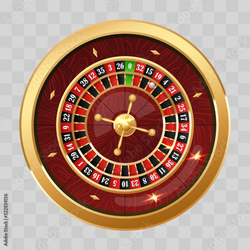 Golden casino roulette wheel with wood desk and cells with numbers isolated on transparent. Concept for casino design. Vector illustration for card, flyer, poster, article, banner, web, advertising.
