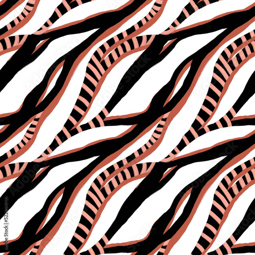 Abstract white brown and black stripes, lines seamless pattern. Animal skin repeat print. Zebra fur, snake imitation design for textile, fabric, wallpaper, wrapping paper, decoration.