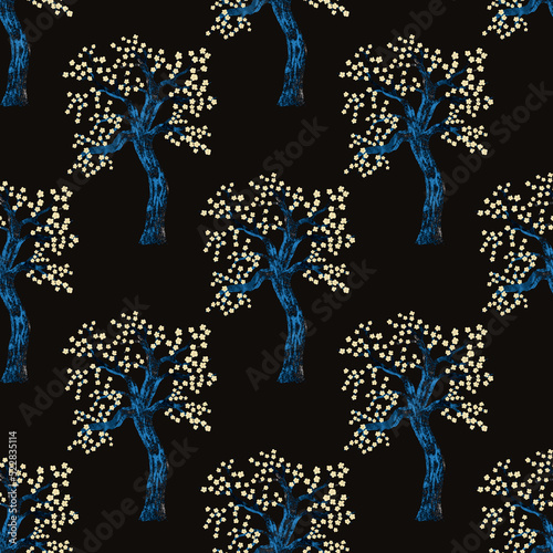 Watercolor seamless pattern with blooming spring trees. Hand drawn abstract l...