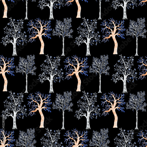 Watercolor seamless pattern with blooming spring trees. Hand drawn abstract l...