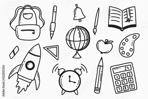 Back to school set. Doodle style. School elements set. Globe, backpack, pen, calculator, alarm clock, pencil. Vector illustration.