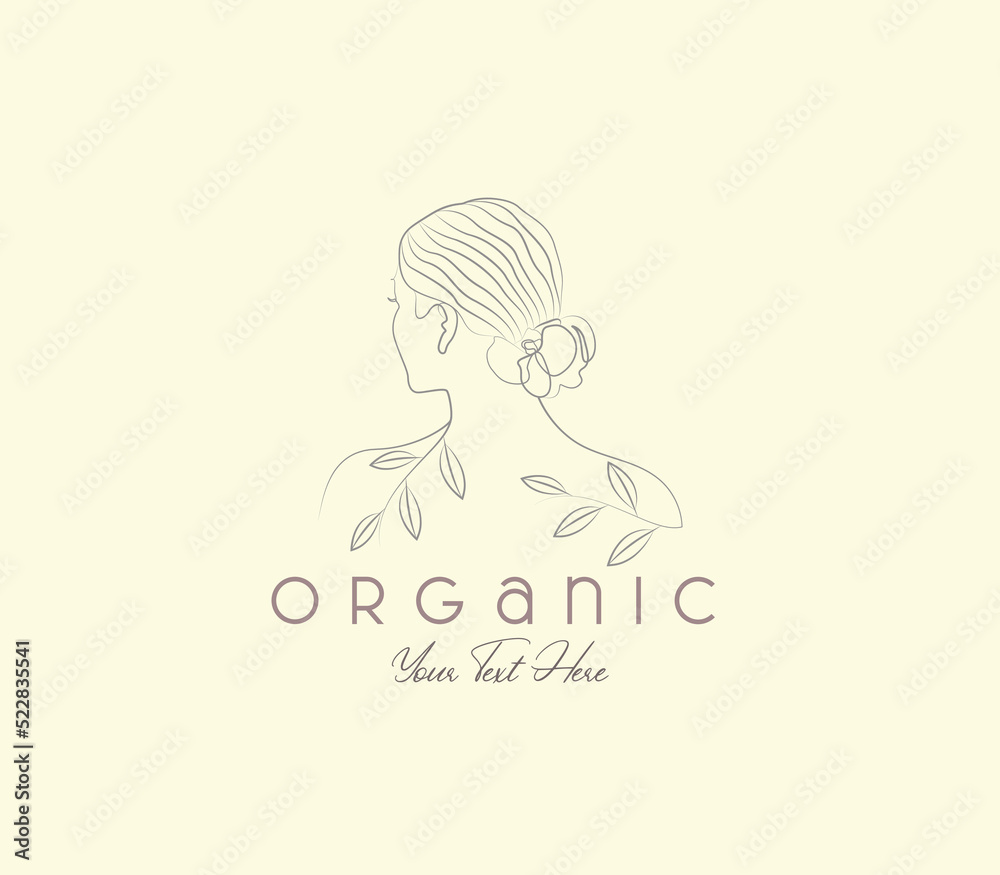 Obraz premium Beauty floral woman back side face line art drawing organic leaves feminine line logo vector design illustration