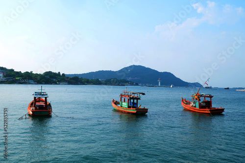 Three Small Ships sailed to shore at Samaesarn Island Chonburi Thailand, Sea in Thailand photo