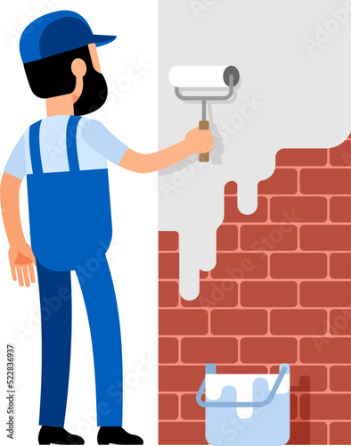 Painter worker paints a brick wall. Vector illustration.