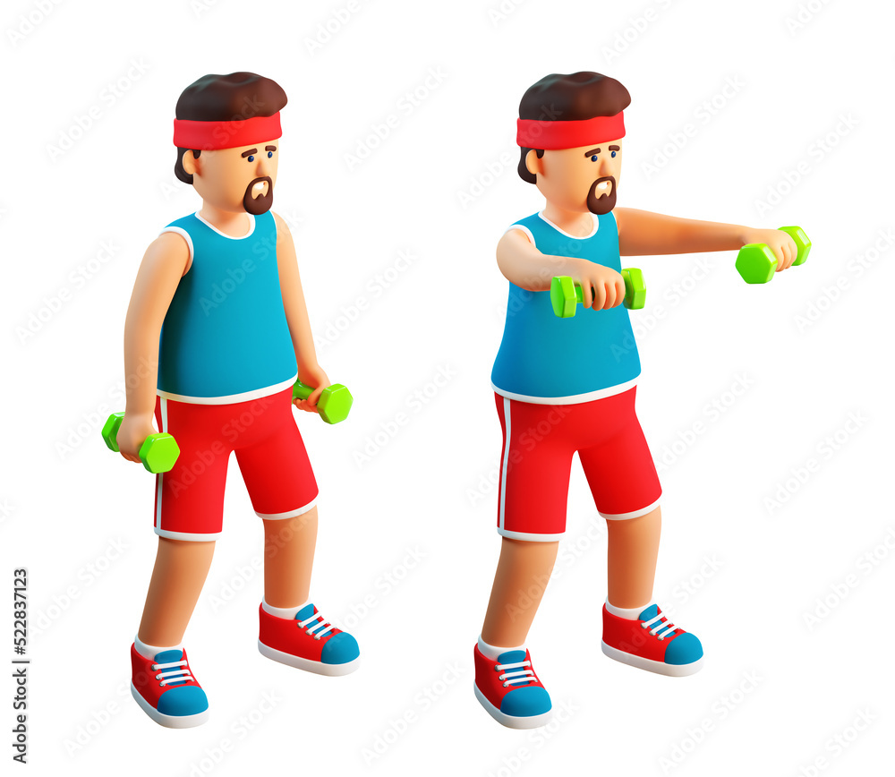 3d man exercising with dumbbells. Athlete raises the dumbbells in front of him. 3d render. 3d illustration