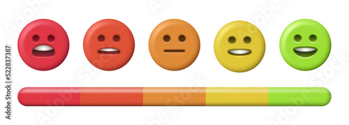 Rating scale or pain scale in the form of emoticons. From red to green smiley. 3d Emoticons and scale.  Vector clipart isolated on white background.
