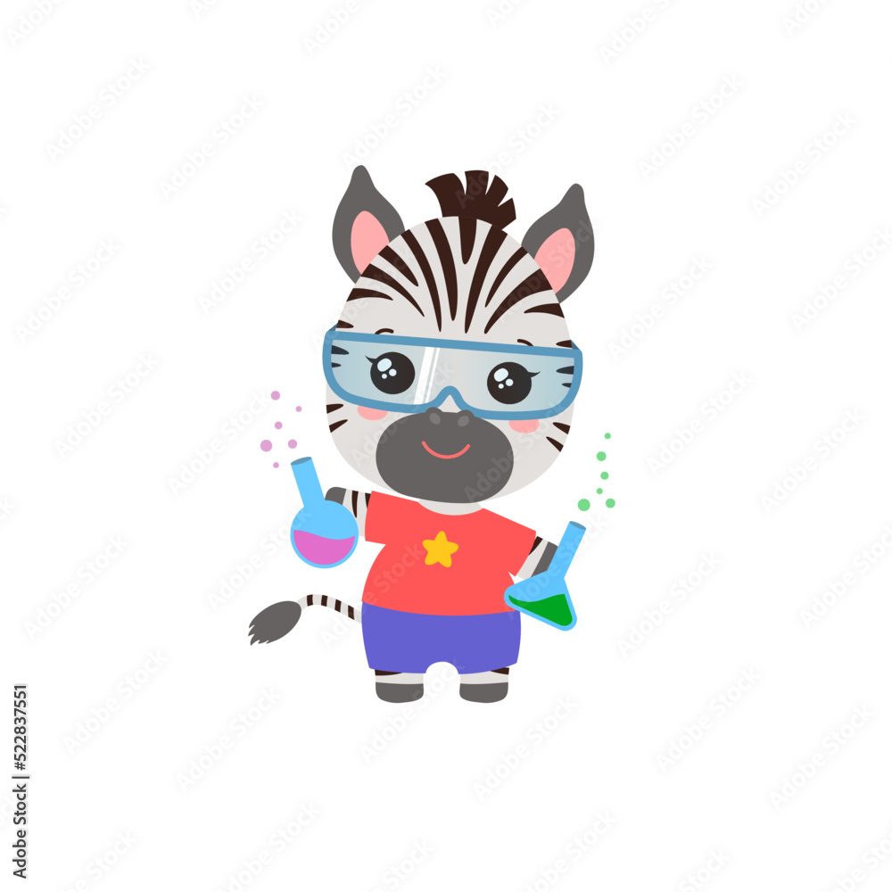 School student animal science school subject vector. Cute elementary student little animal holding test bottle with chemical substance. Science learning chemistry education. Chemical experiment.