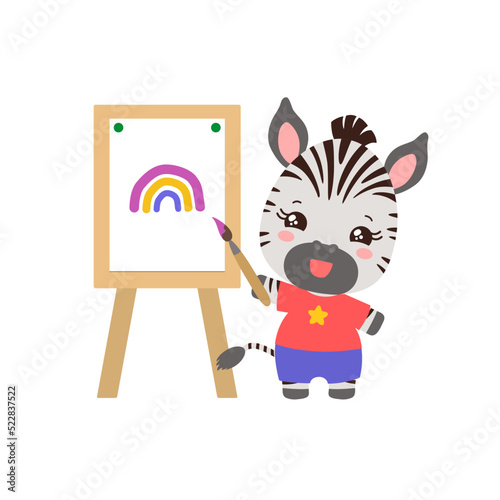 Cute animal artist with paintbrush and easel. Art studies school subject symbol cute student cartoon zebra. Little animal holding brush standing by the easel and smiling. Art class sign.