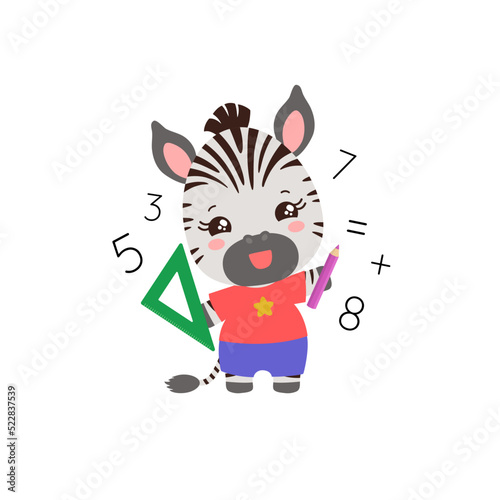 School student animal math school subject vector. Cute elementary student little animal holding triangle ruler and pencil. Mathematics learning primary education. Counting numbers studying.