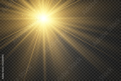 Yellow sun with rays and glow.Bright beautiful star.