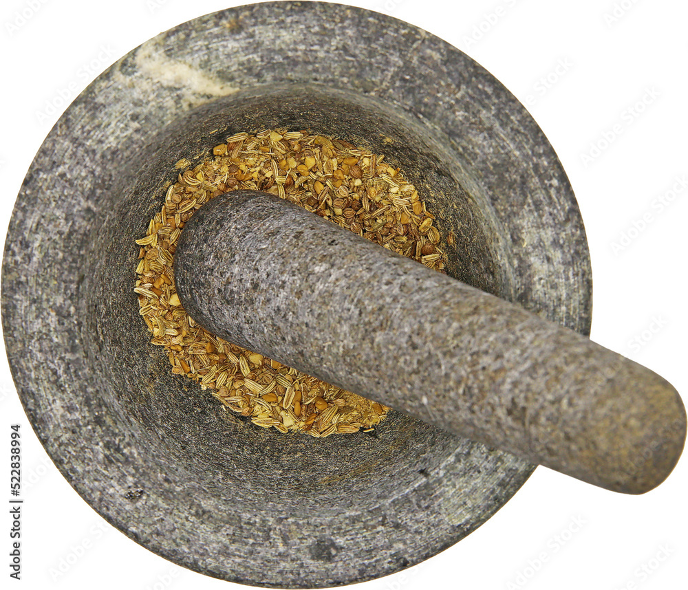 Top view close up on isolated gray basalt stone mortar with  pestle and spices, transparent background - obrazy, fototapety, plakaty 
