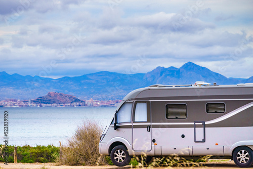 Rv motor home camping on beach, Costa Blanca in Spain
