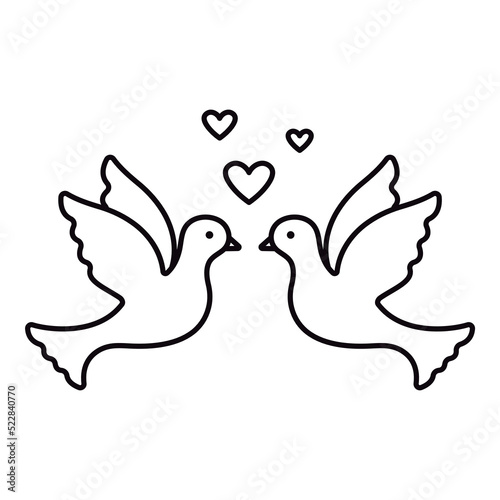 Couple of doves icon with heart. Simple editable design of line icon for wedding. Pigeons