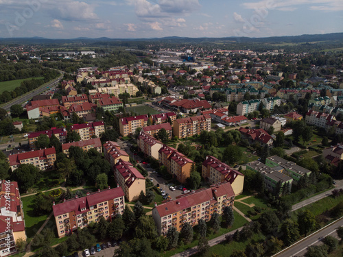 Sanok latem z lotu ptaka/Samok town aerial view  in summer,Subcarpathia Province, Poland
