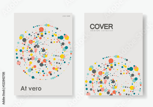 Circles design elements. Color halftone frame with circle pattern on white background. Vector frame with rainbow random gradient. Cover brochure templates