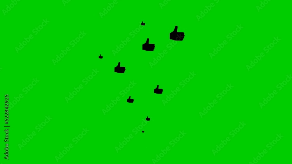 Animated black likes fly from bottom to top. Looped video. Vector flat illustration. Fountain from hands isolated on the green background.
