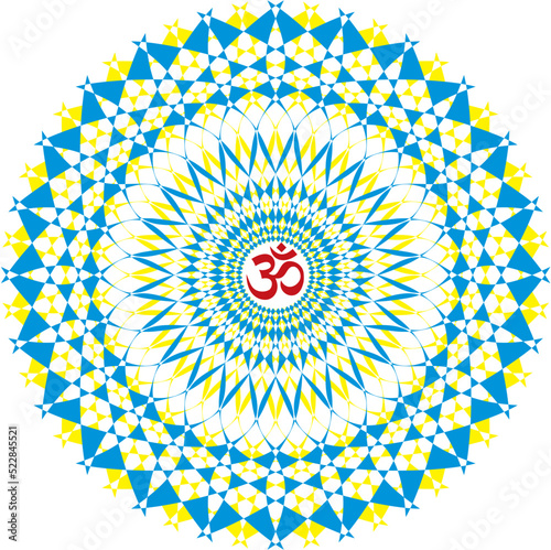 Mandala, object of rotation, spiritual symbol, with the sign om, aum, ohm in the center. Colors of Ukraine.