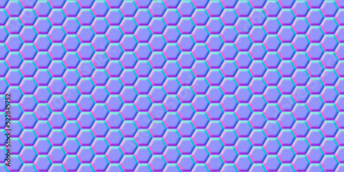 Normal map of honeycomb simple seamless pattern. Bump mapping of regular hive cell texture. Hexagon geometry material 3d shader illustration