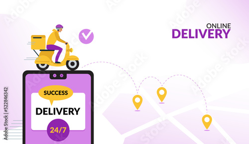 Fast delivery by scooter via mobile phone. Online delivery through the application. Tracking the courier on the map application. Vector flat illustration