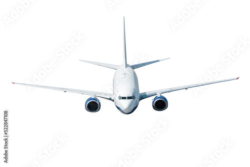 Flying passenger jetliner isolated on white background